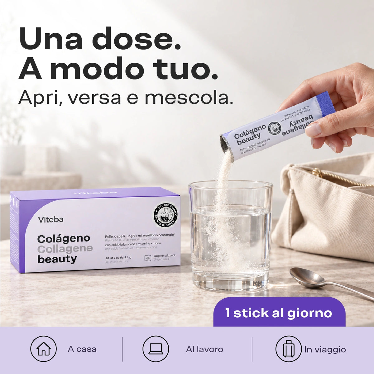 Una dose. A modo tuo. Apri, versa e mescola. 1 stick Beauty al giorno