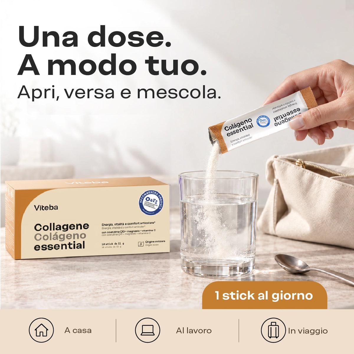 Una dose. A modo tuo. Apri, versa e mescola. 1 stick Essential al giorno