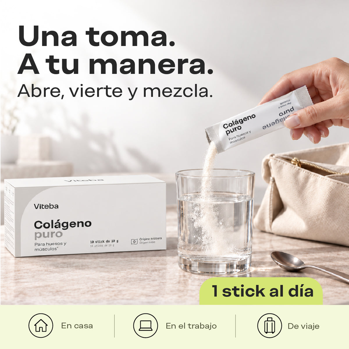 Una toma. A tu manera. Abre, vierte y mezcla. 1 stick Puro al día