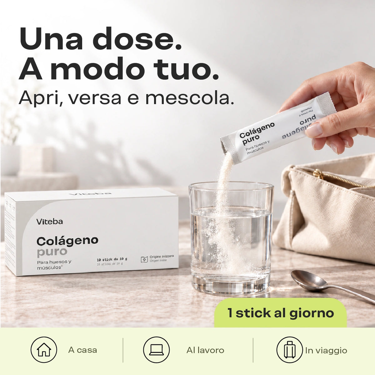 Una dose. A modo tuo. Apri, versa e mescola. 1 stick Puro al giorno