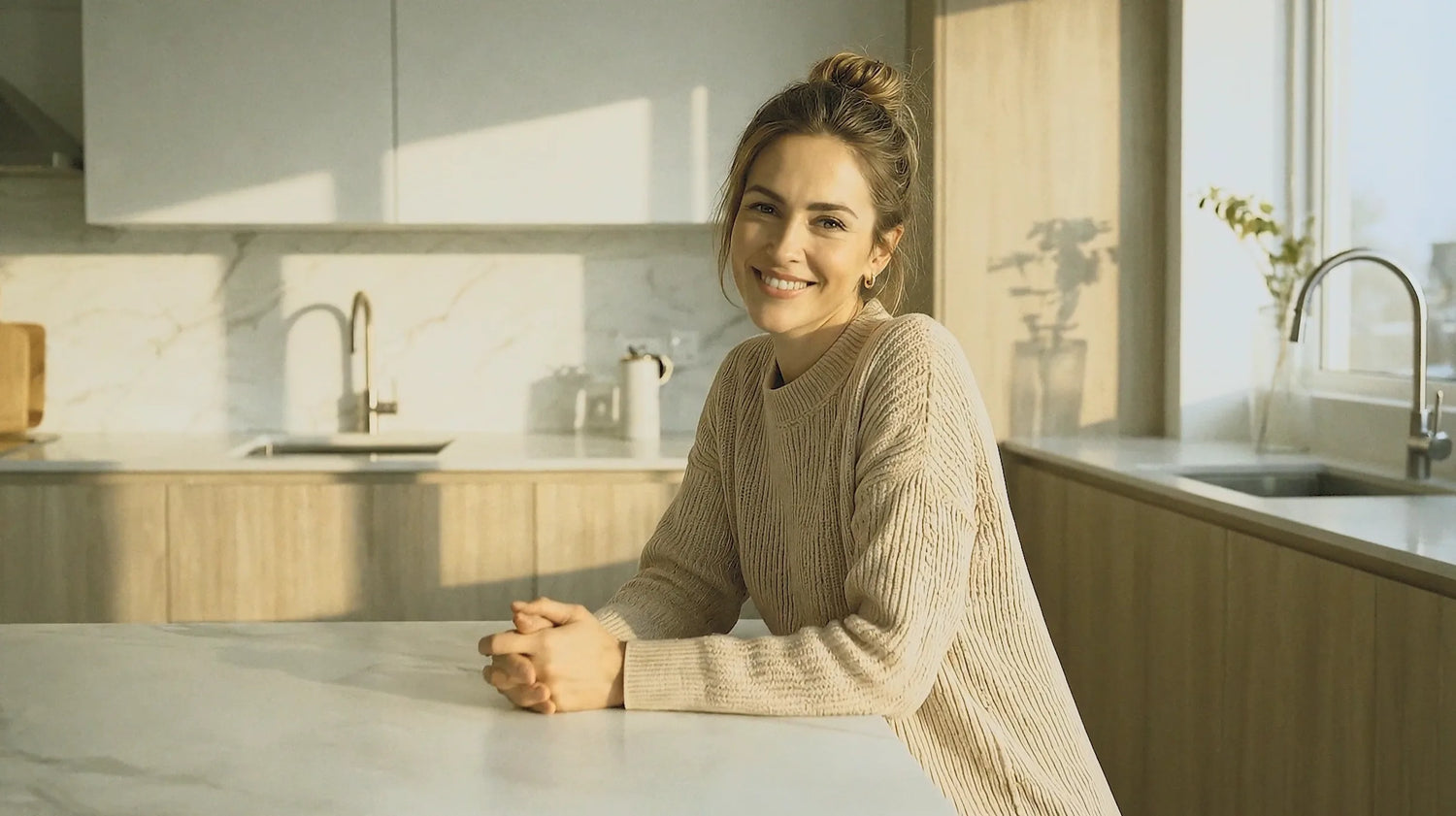 Es la mujer sonriente apoyada en la encimera de una cocina luminosa